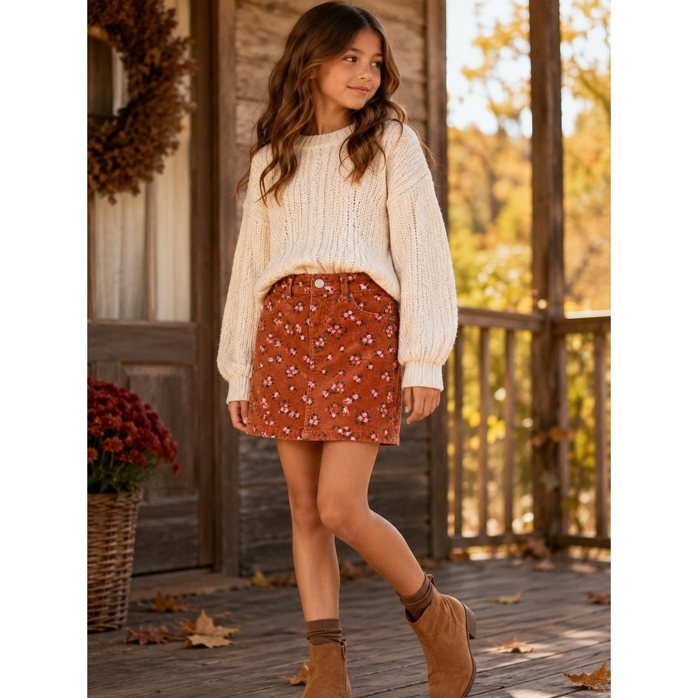 Art Class Girls Floral Corduroy Mini Skirt Brown Pink Size S 6/6X Cotton Stretch